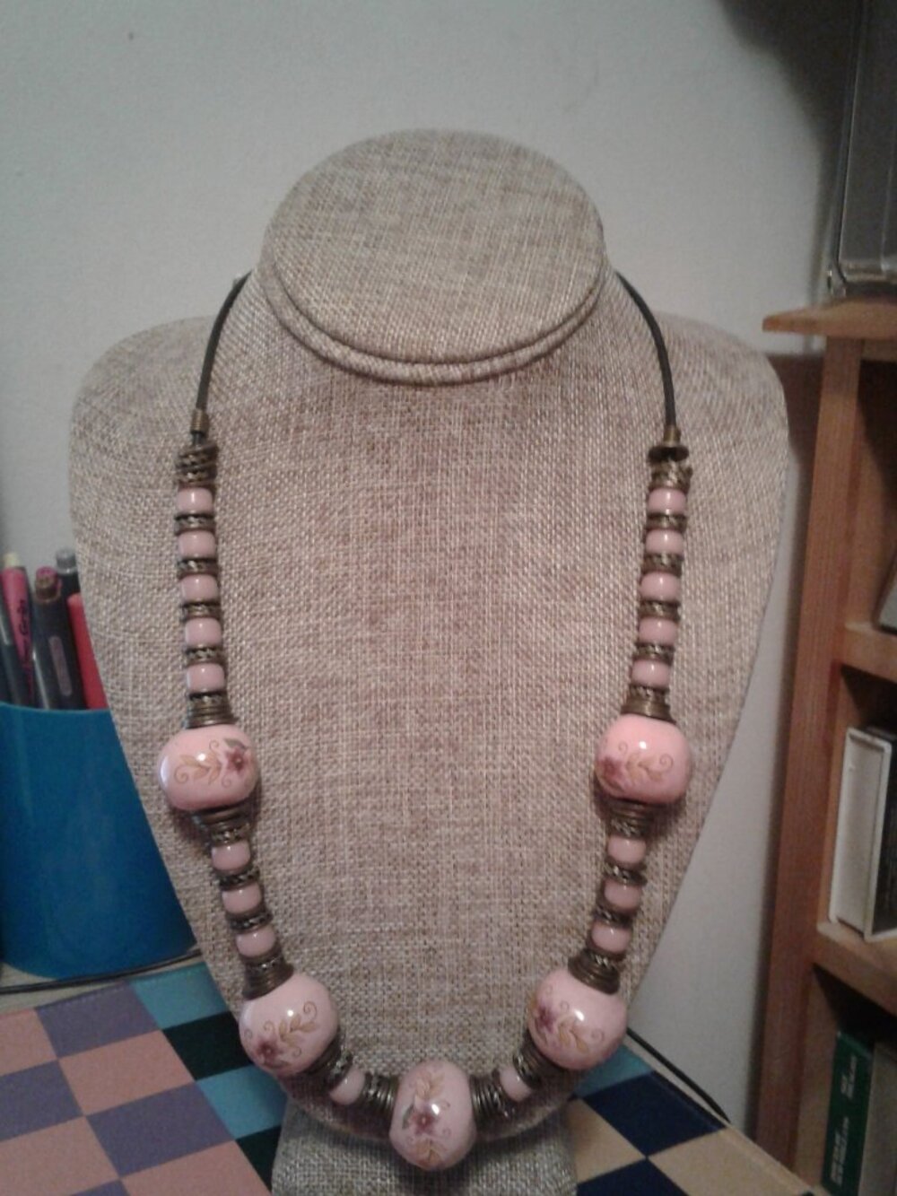Pink Ceramic Beads with Floral Design Brass Metal Statement Necklace 22" Long